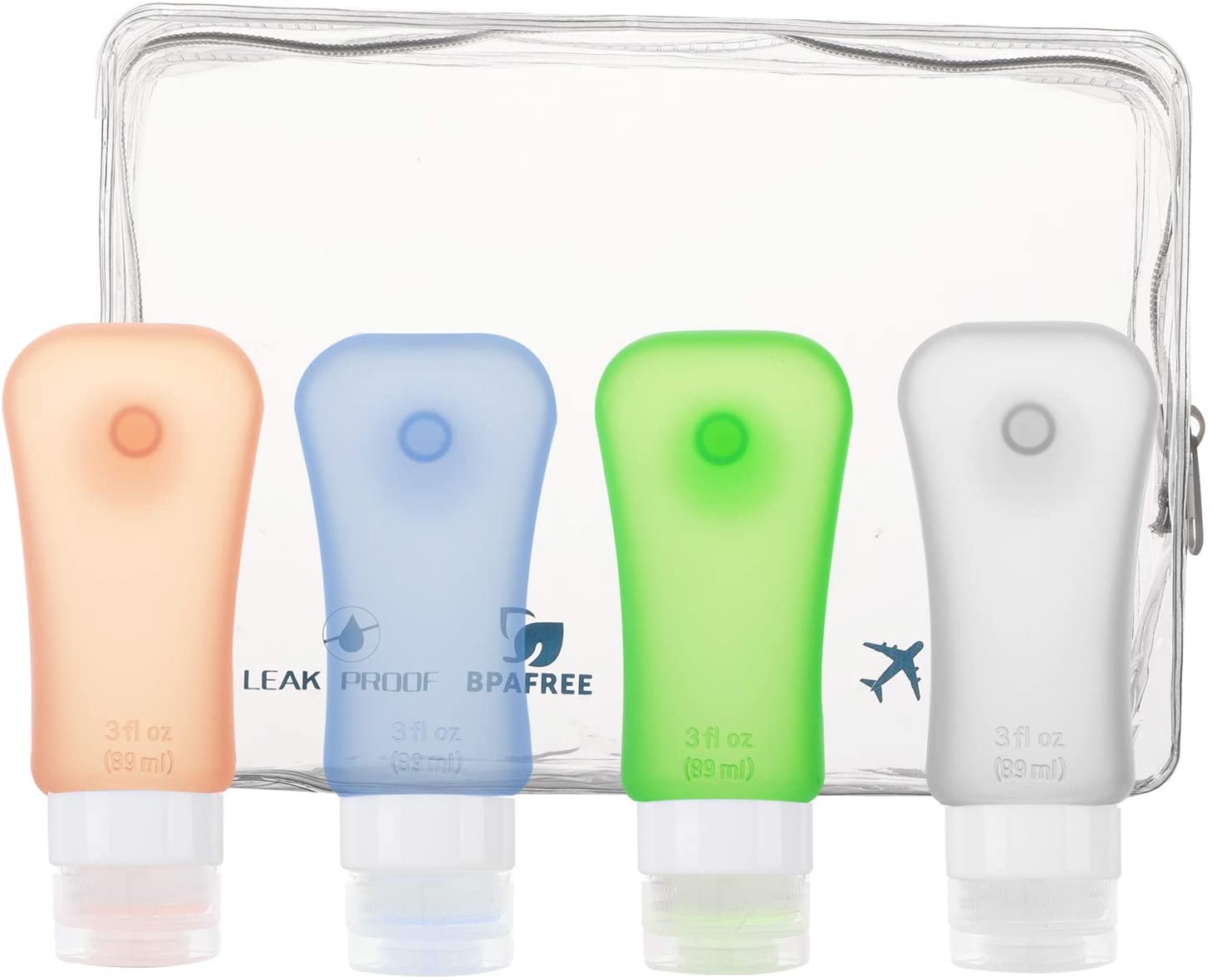 Lozione Balsamo Set di 4 - BPA TSA Approvata Bottiglia Spremere Riutilizzabile per Shampoo Crema da Bagno Pure Vie Portatile Bottiglie/Contenitori da Viaggio in Silicone 3oz/90ml 